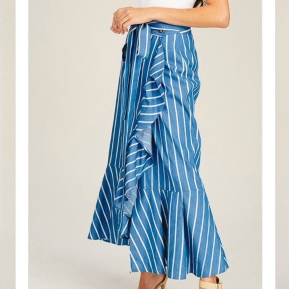 Ruffled Denim Wrap Striped Maxi Skirt - Picture 5 of 8
